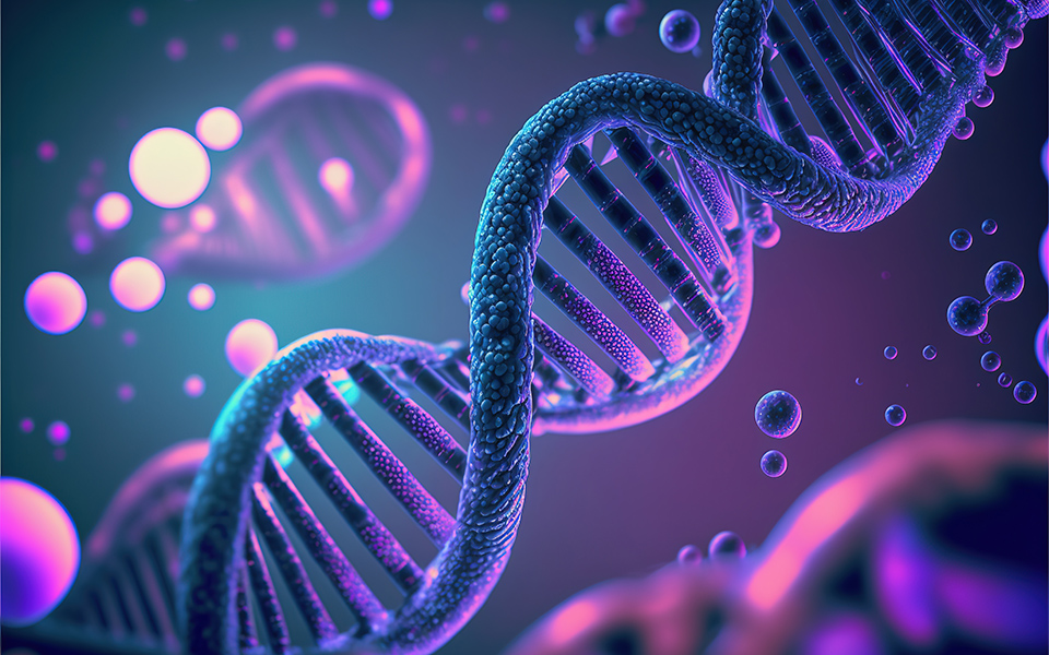 3D-rendered genetic illustration of human DNA under a microscope