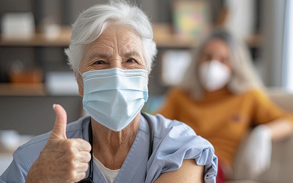 An elderly woman wearing a face mask